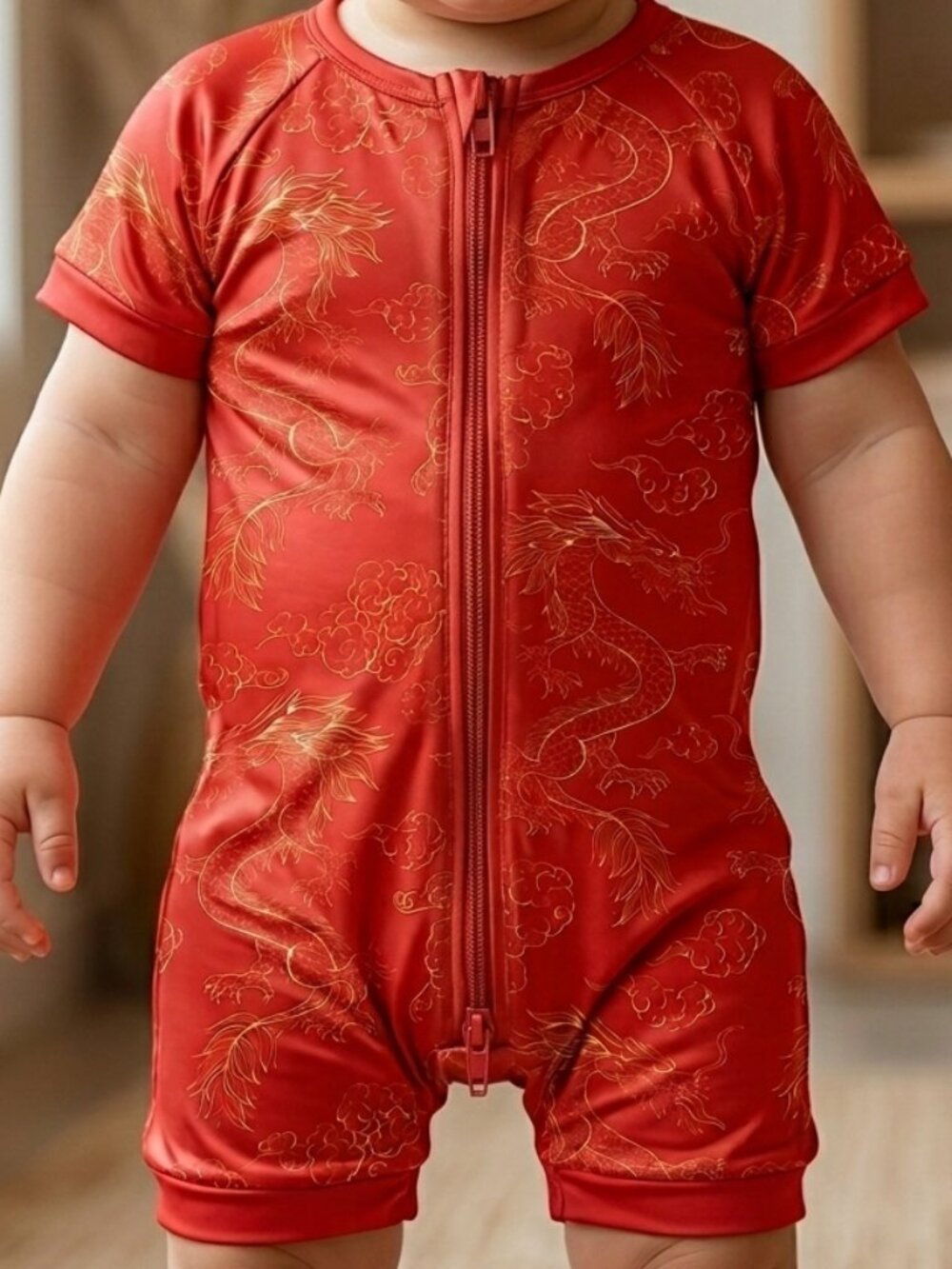 Red Dragon Bamboo Short Zippy 12M | Festive Baby Romper - Picture 2 of 4